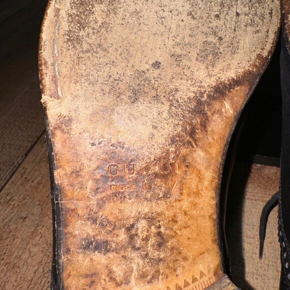 GUCCI 'Brogue' Men’s Sz 8 Black Leather Plain Toe Oxfords Italian Shoes - Picture 14 of 15